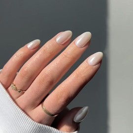 White Nails Press on, Milky White Short Oval Round Chrome Press on Nails, SXVME Glazed Donut Glue on Nails Short Fake Nails, Thick Aurora Acrylic False Nails, Shiny Stick on Nails for Women 24Pcs
