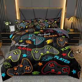 BDUCOK 6 Pieces Gamer Comforter Set for Boys Gaming Bedding Set Full Size,Video Game Controller Comforter for Boys Kids Adult 3D Gamepad Microfiber Bedding Sets 6 Pieces Bed in A Bag Sets3011,Full