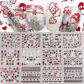 24Sheets Christmas Nail Art Stickers Christmas Self Adhesive Nail Decal Red Candy Cane Stripes Santa Claus Christmas Tree Elk White Snowflake Nail Design for Acrylic Nail Decoration Manicure Tip
