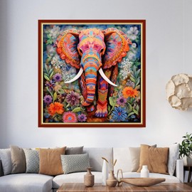 Foxhool Beginners Cross Stitch Kits Stamped Full Range of Embroidery Kits for Adults DIY Cross Stitches kit Embroidery Patterns for Needlepoint kit-Colorful Elephant Flowers 17.7x17.7 inch