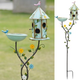 HLQMFHT 56" H Bird Baths and Bird Houses with Pole,Metal Bird Bath Bowl,birdhouses for Outdoors,Bird Bath with Stake,Garden Yard Decor