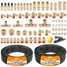 CheeMuii 72 PCS Brass DOT Air Line Fittings with 50FT 1/4" and 50FT 3/8" DOT Air Line Kit Push Lock Air Fitting Quick Connect & NPT Thread Fittings with Pneumatic Tubing