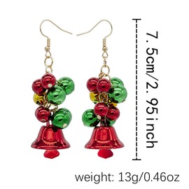 Christmas Jingle Bell Red Green Tinkle Bell Ball Cute Gold Plated Long Chain Dangle Earrings for Women Fish Hook Dangling Hanging Hypoallergenic Xmas Festival Decoration Party Jewelry Gift for Bff Daughter