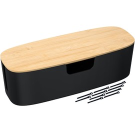 Large Cable Management Box - Cord Organize Box with Bamboo lid for Safe Home & Office, Cord Hider for Power Strip Under Desk, Cover TV Wires, Child & Pet Proof Cord Box, Black