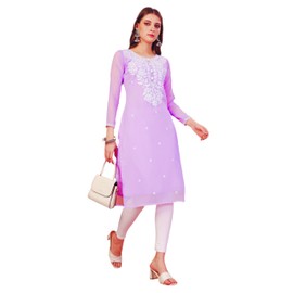 Estationeryhouse Women's Georgette Lucknowi chikankari kurti, Rose Design with Heavy Embroidery, Without Bottoms (UK, Alpha, S, Regular, Regular, Lilac)