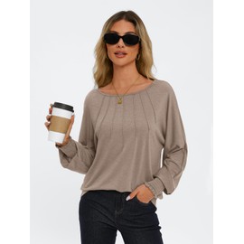 AUTOMET Womens Fall Fashion Long Sleeve Shirts Fall Tops Pleated Shirts Casual Loose Dressy Basic Trendy Clothes 2024 Khaki L