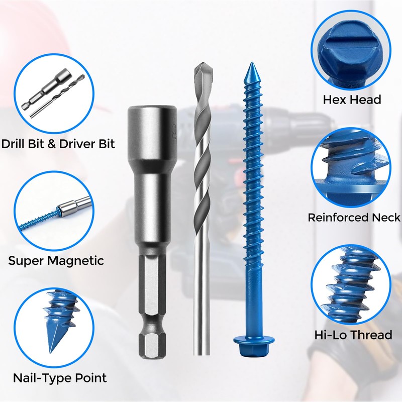 200PCS Concrete Screws, 3/16" 1/4" Masonry Screws with Drill Bit