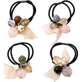 4PCS No-damage Seamless Elastic Cotton Hair Ties Band Ponytail Holders Scrunchie for Women and Girls (Black+Green+Grey+Water Blue, One size)