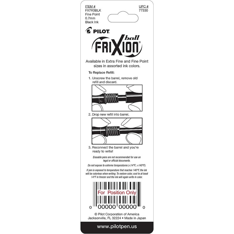 Refill for FriXion Erasable Gel Ink Pen, Black, 3/Pk