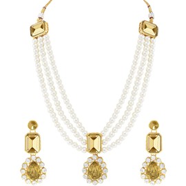 Aheli Wedding Party Kundan Collar Colgante Pendientes Tradicional Moda Étnica Joyería Set para Mujeres (Champagne Stone-Faux Kundan Pearl Long)