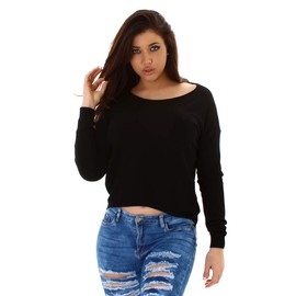 Jela London Women's Soft Mullet Pullover Stretch Crew Neck Soft (34-38), Short black