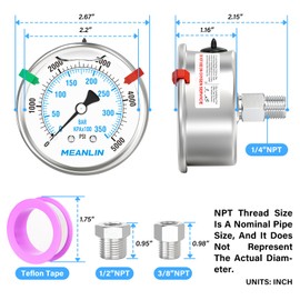 MEANLIN MEASURE 0~5000Psi Stainless Steel Liquid Filled Pressure Gauge 2.5" FACE DIAL 1/4" NPT for WOG Water Oil Air Back Mount with Stainless Steel Hex Bushing and Snaps