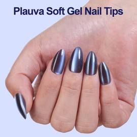 Plauva 150Pcs Cat Eye Press on Nails Medium Almond, Soft Gel Fake Nails, Glossy Glitter Cat Eye Nail Tips for Women and Girls Stick On Nails in 15 Sizes