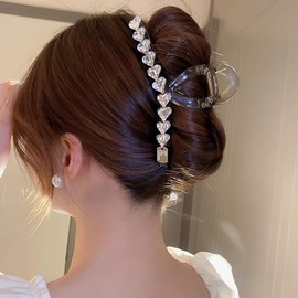 Jumwrit Large Rhinestone Wavy Hair Claw Clip Shiny Love Heart Acrylic Hair Jaw Clip French Design Hair Claw Clamp Strong Hold Hair Clip for Women Girls (Style 1)
