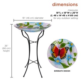 Alpine Corporation 26" Tall Outdoor Glass Floral Butterfly Birdbath with Metal Stand and Detachable 18" diam Bowl, Garden Decor, Orange