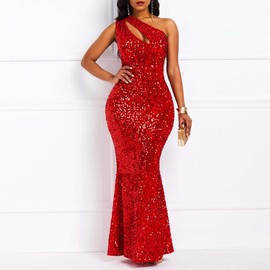 VERWIN Sequins Fashion Sleeveless Oblique Collar Mermaid Women's Maxi Dress Bodycon Dress Party Dress XL Red