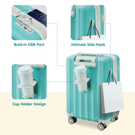 imiomo 3 Piece Carry on Luggage 18 Inch Suitcases with Wheels, Expandable with USB Port and Cup Holder, Hardside Travel Checked Set with TSA Lock Green