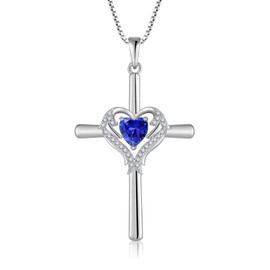 Oskani Cross Necklace for Women 925 Sterling Silver Heart December Birthstone Tanzanite Color Angel Wing Cross Pendant Necklace Faith Dainty Jewelry Birthday Gifts for Wife Her