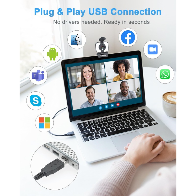 Atatat 2K Webcam for PC with Light, Microphone, Privacy Cover