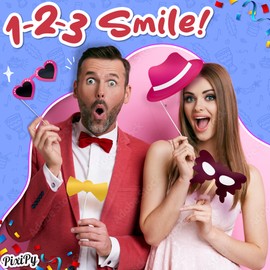 Photo Booth Props - 66 Piece Multicolor Kit - Fun Selfie Party Accessories - Mustaches, Hats, Lips & More - by PixiPy