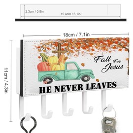 Fall for Jesus He Never Leaves Key Holder Pumpkin Cross Maple Leaves Green Truck Wall Mount Key Hooks Farmhouse Harvest Thanksgiving Self Adhesive Key Organizer Rack for Home Office Entryway 7x4 inch