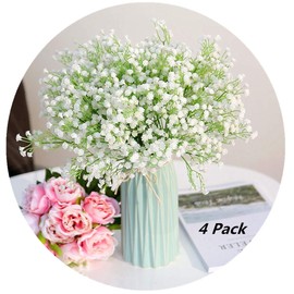 PASYOU Artificial Baby Breath Flowers Plastic Fake Gypsophila for Indoor Outdoor Wedding Bridal Bouquet Home Garden Party DIY Wreath Table Arrangement Decoration Pot Planter Filler White 4 pcs