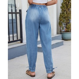 EZAPINE Women's Cargo Pants Mid Waist Adjustable Straight Relaxed Fit Baggy Parachute Hiking Pants with Pocket Blue