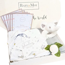 Welcome to The World 7 Piece New Baby Gift Box New Baby Essential Clothes, Socks, Toy, Plaque, Baby Moment Cards Baby Shower Present Mum to Be Gift Elephant (Unisex)