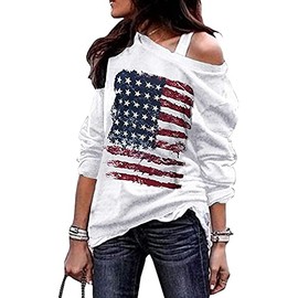 Decogiver Women‘s Off Shoulder Long Sleeve Patriotic American Flag Star Stripes Slouchy Holiday Sweatshirt WNF M