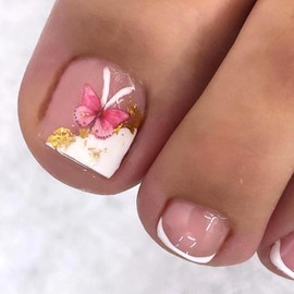 Pink Butterfly Gold Foil Press on Toenails for Women White French Tip Fake Toenails Glossy Full Cover Toenails Tips Summer Charm Acrylic Toe Nails