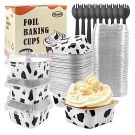 Aluminium Foil Square Brownie Baking Cups, Mini Loaf Pans With Lids 50 Pack, Disposable Ramekins Baking Pan, Cupcake Container for Brownie Bread Cheesecake-Cowprint
