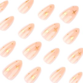 RikView Uñas postizas cortas con diseño de almendras, color nude y estrellas cruzadas, brillantes, cobertura total, para mujer, 24 unidades por juego