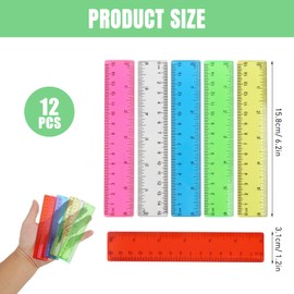 Set of 12 Colourful Plastic Rulers 15 cm - Flexible and Unbreakable for School, Office and Home, in 6 Different Colours