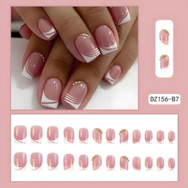 French Tip Press on Nails Short Square Fake Nails with Rhinestone Design Pink Nails Press ons Full Cover False Nails Acrylic Nails Glossy Glue on Nails for Women 24 Pcs
