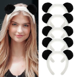 GAFATORY 5Pcs Panda Ears Headbands for Women Plush Headbands Cute Bear Headband for Girls Bear Costume Black and White Party Animals Ears Headbands Cosplay Accessories Spa Skincare Makeup Headbands
