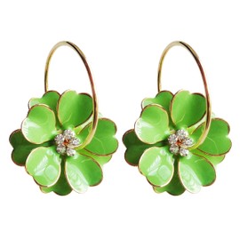 Navachi 18k Gold Plated Green Enamel Flower Crystal Az2816e Hoop Earrings(dia. 3cm)