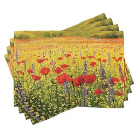 Ambesonne Flower Place Mats Set of 4, Colorful Field Poppies Bloom Flowers Lavender Farmland Hills Scenery, Washable Fabric Placemats for Dining Table, Standard Size, Yellow Red