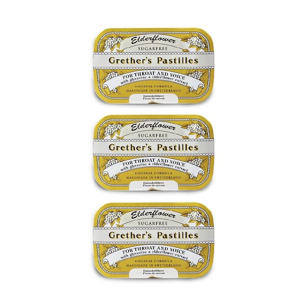 GRETHER'S Sugarfree Elderflower Pastilles Natural Remedy for Dry Mouth Relief - Soothing Throat & Healthy Voice - Long-Lasting Floral Flavor, Breath Refresh - Gluten-Free - 3-Pack - 3.75 oz