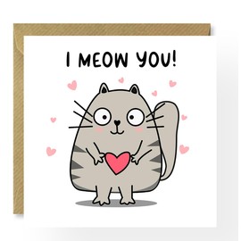 Meow You Valentine's Day Card, Cat Lovers Card, Grey Cat Pun Card for Boyfriend, Girlfriend, Him, or Her