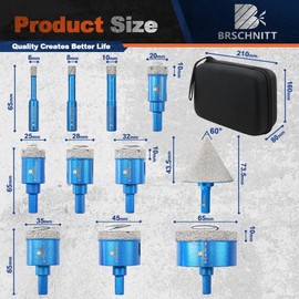 Diamond Tile Drill Bits Set - BRSCHNITT 6/8/10/20/25/28/32/35/45/65mm Porcelain Tile Hole Saw Kit for Ceramic, Granite, Marble and More Drilling with 2" Chamfer Bit