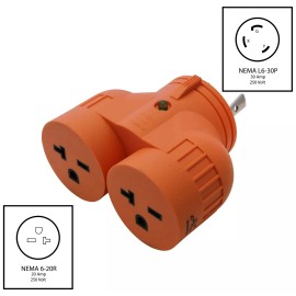 AC WORKS® 30A 250V NEMA L6-30 Male Plug to Two 20A 250V 6-20 Female Connectors Adapter