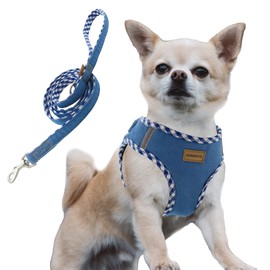 Aiminto Denim Dog Harness & Leash Set, Breathable Mesh, Lightweight, Reflective Harness Chest - For Cats and Small Dogs (XXXS 24-28cm, Baby Blue)