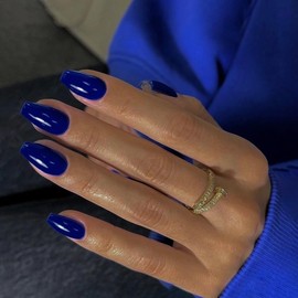 KQueenest Gel Press on Nails Short Medium Coffin, Solid Color Fake Nails Nails Press ons, Short Ballerina Glue on Nails With Glazed Finish, Simple Acrylic Nails False Nails For Finger, Royal Blue