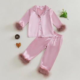 MAINESAKA Toddler Baby Girl Satin Pajamas Set Feather Trim Long Sleeve Button Down Tops Long Pants 2Pcs Pjs Sleepwear Outfits (A-Pink, 12-18 Months)