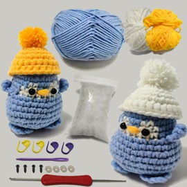 Kitcroet Crochet Kits for Beginners, Starter Crochet Kit All-in-One Complete Crochet Kit Learn to Crochet Sets with Step by Step Video Tutorials for Adults - 2 Penguins [Blue]