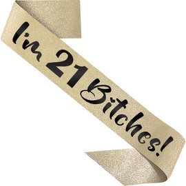 PartyForever 21st Birthday Decoration Sash for Women I'm 21 es! Gold 33.5 inch Long with Black Letters for Her