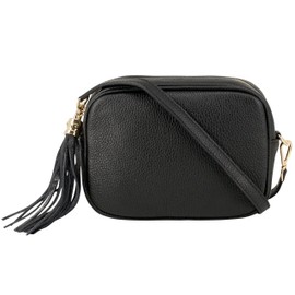 Montte Di Jinne - 100% Made in Italy - Soft Leather Leather Women's Cross Body Bag with Tassel key Ring (Black)