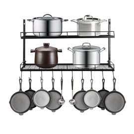 ILWorkTLs 2 Tier Wall Mounted Pot Rack,Pots and Pans Hanging Rack with 10 Hooks,Iron Pot Holder for Kitchen Cookware Utensils Storage,Black