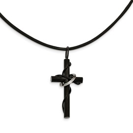 Stainless Steel Men's Black IP-Plating Cross Leather Cord Pendant Necklace Charm Chain 20"