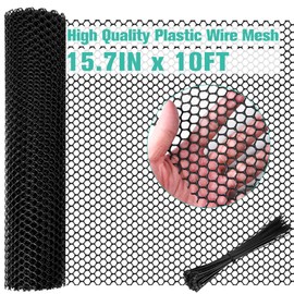 Plastic Mesh Fence Sheet 15.7IN x 10FT - 0.3IN Opening Plastic Chicken Wire Netting Roll Durable for Dogs, Poultry, Puppy, Garden Snake Barrier with 50 Pcs Zip Ties - Black